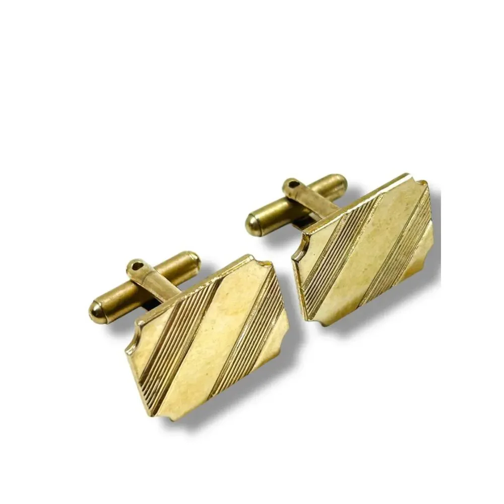 Goldtone Cufflinks Rectangular Diagonal Etched Stripe Pair Cuff Links